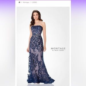 Montage by Mon Cheri Blue Strapless Embellished Gown